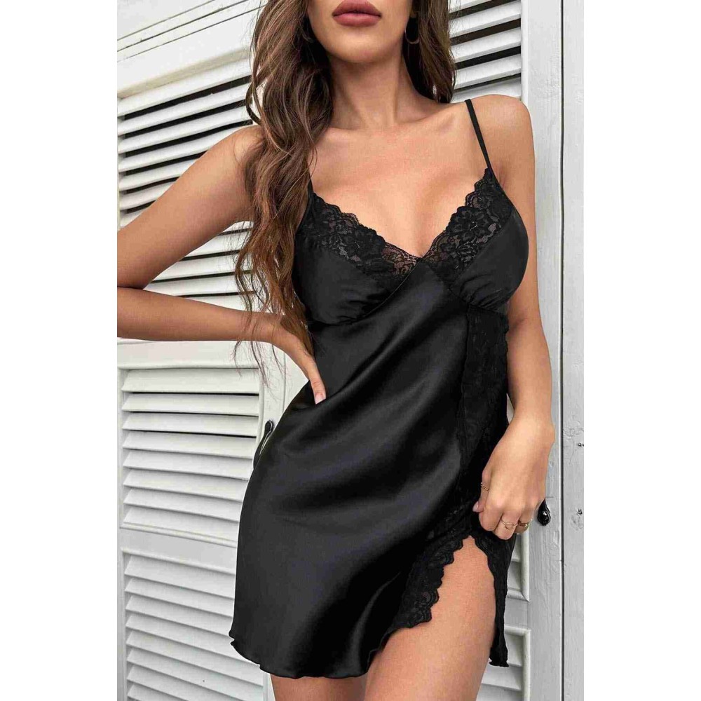 Merry See Sexy Νυχτικό με σκίσιμο και δαντέλα στο πλάι Μαύρο Merry See Sexy Νυχτικό με σκίσιμο και δαντέλα στο πλάι Μαύρο