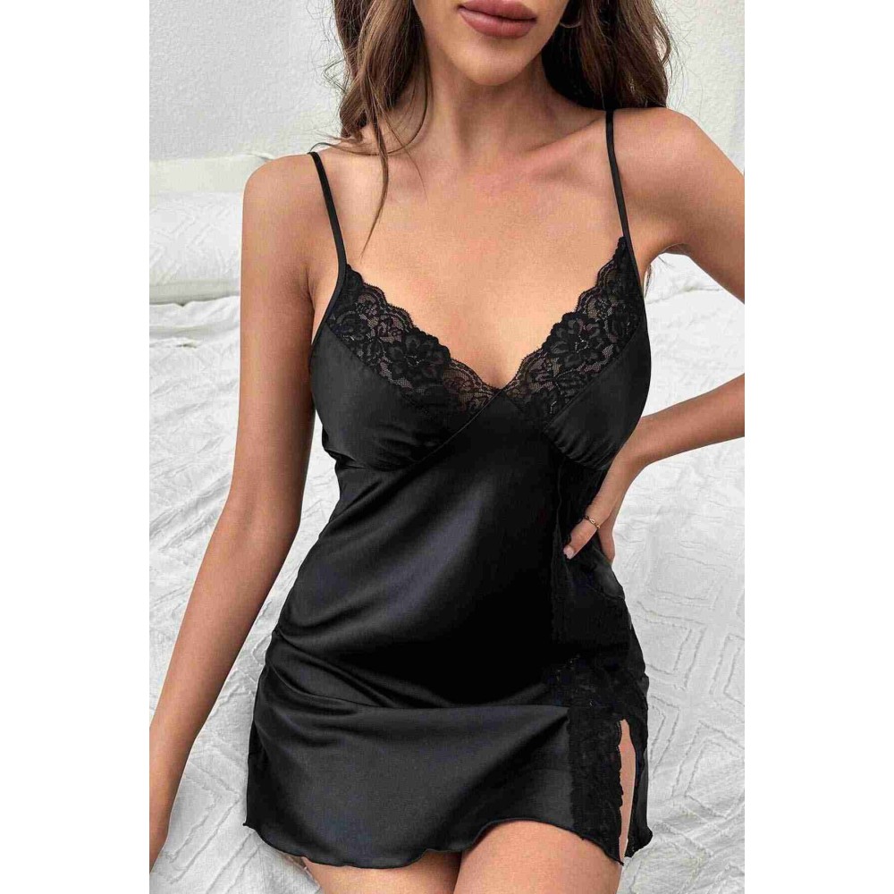 Merry See Sexy Νυχτικό με σκίσιμο και δαντέλα στο πλάι Μαύρο Merry See Sexy Νυχτικό με σκίσιμο και δαντέλα στο πλάι Μαύρο